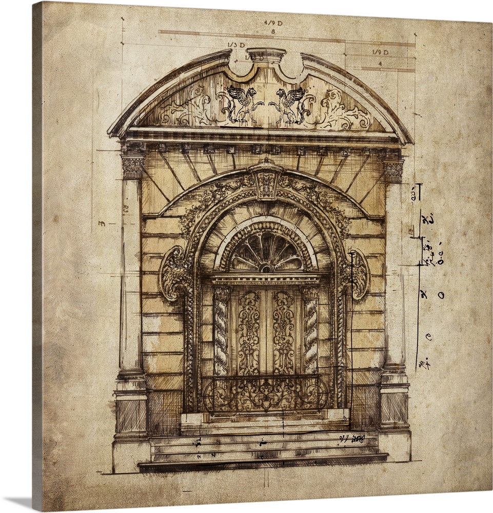 Contemporary artwork of an architectural drawing, in a weathered and rustic style.