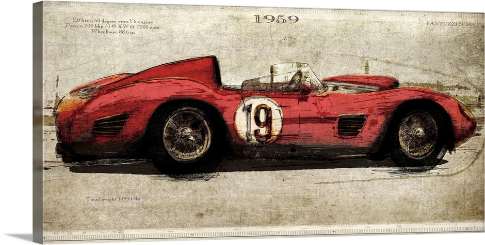 Contemporary artwork of a vintage race car in profile. On a weathered and rustic background.