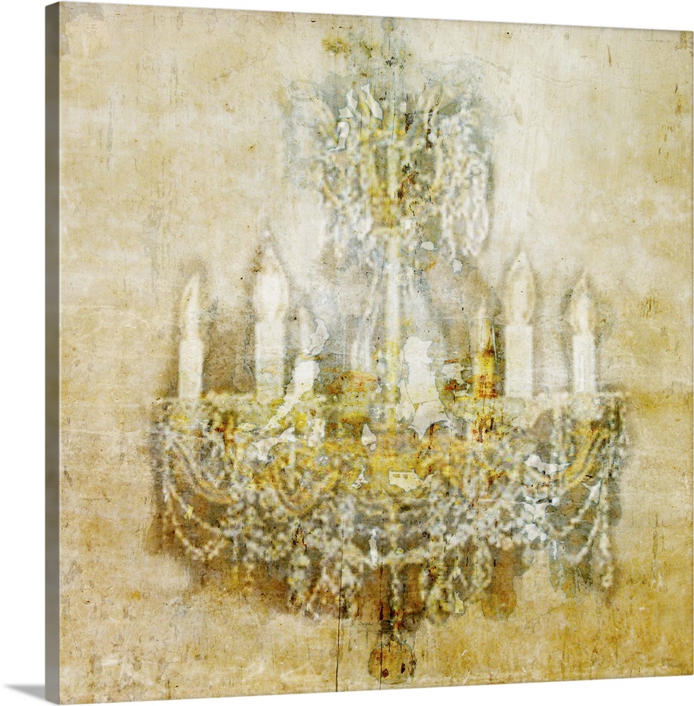Contemporary artwork of a vintage looking chandelier, on a stressed and rustic looking background.