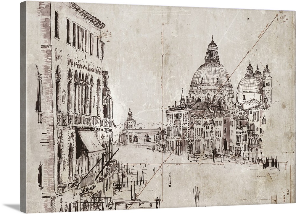 A contemporary sketch of a canal in Venice looking toward a cathedral.