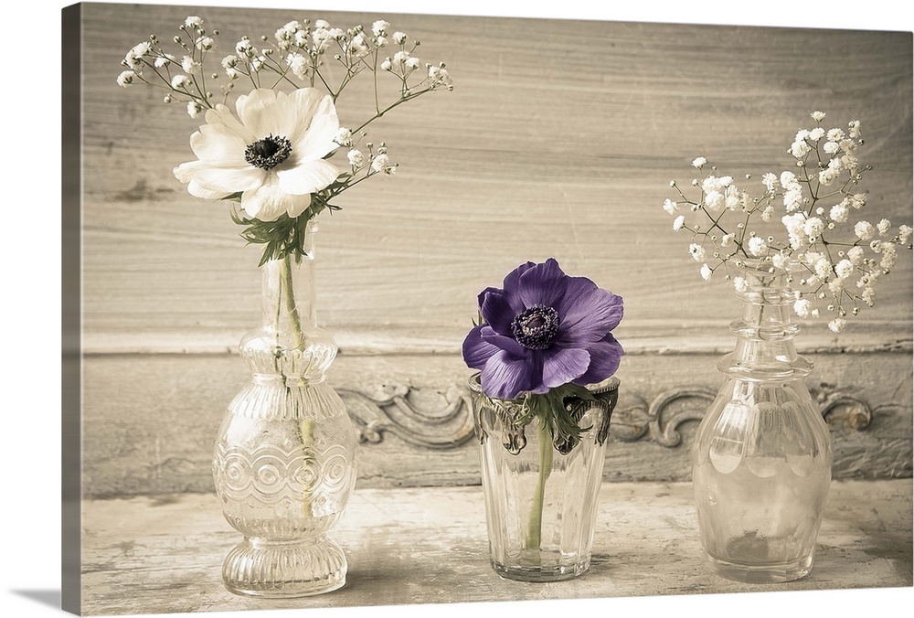 Photograph of different flowers in a small glass vases, against a vintage wall.