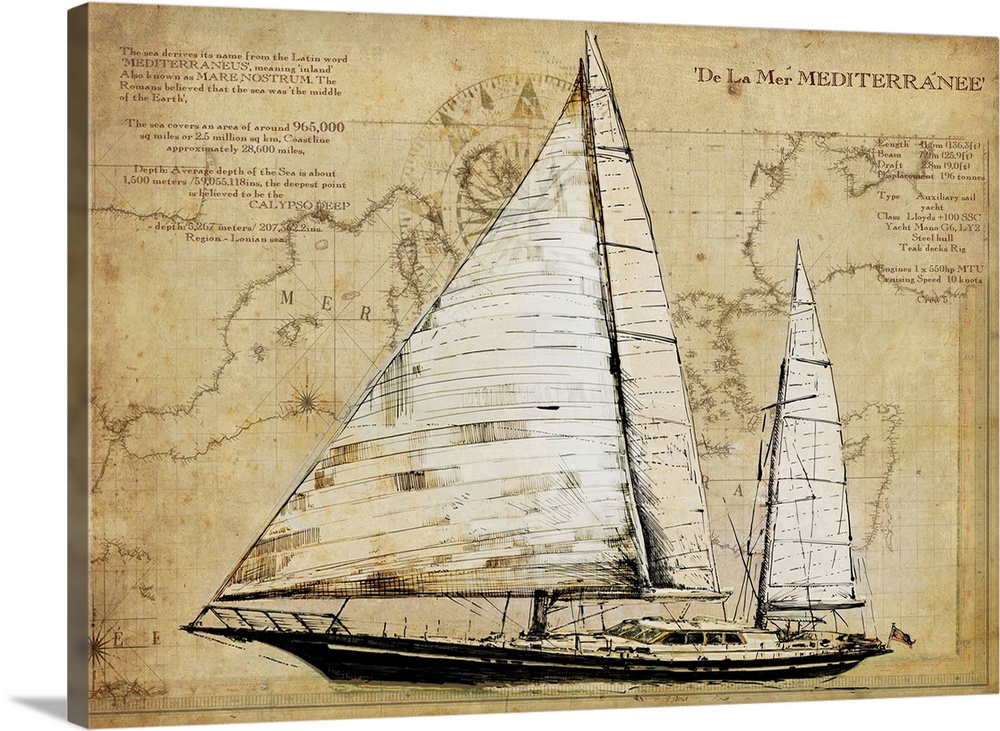 Contemporary artwork of a vintage looking drawing of a yacht. With a background of a map.