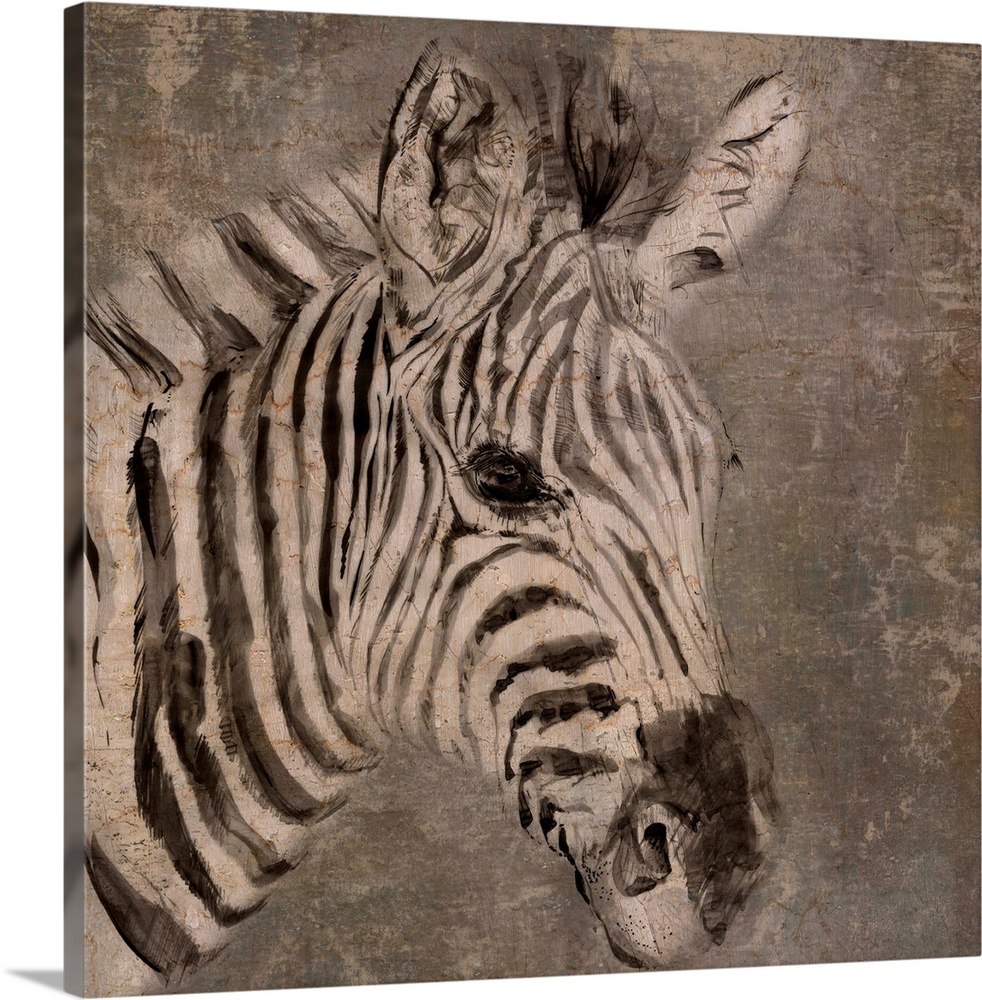 Contemporary artwork of a zebra against a brown textured surface.