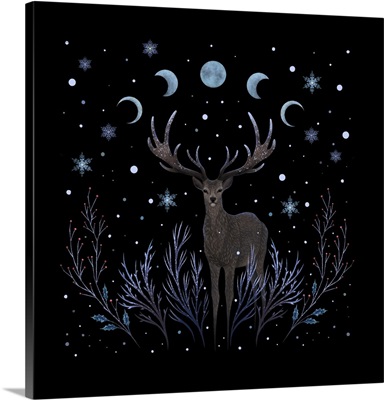 A Deer In Winter Night Forest