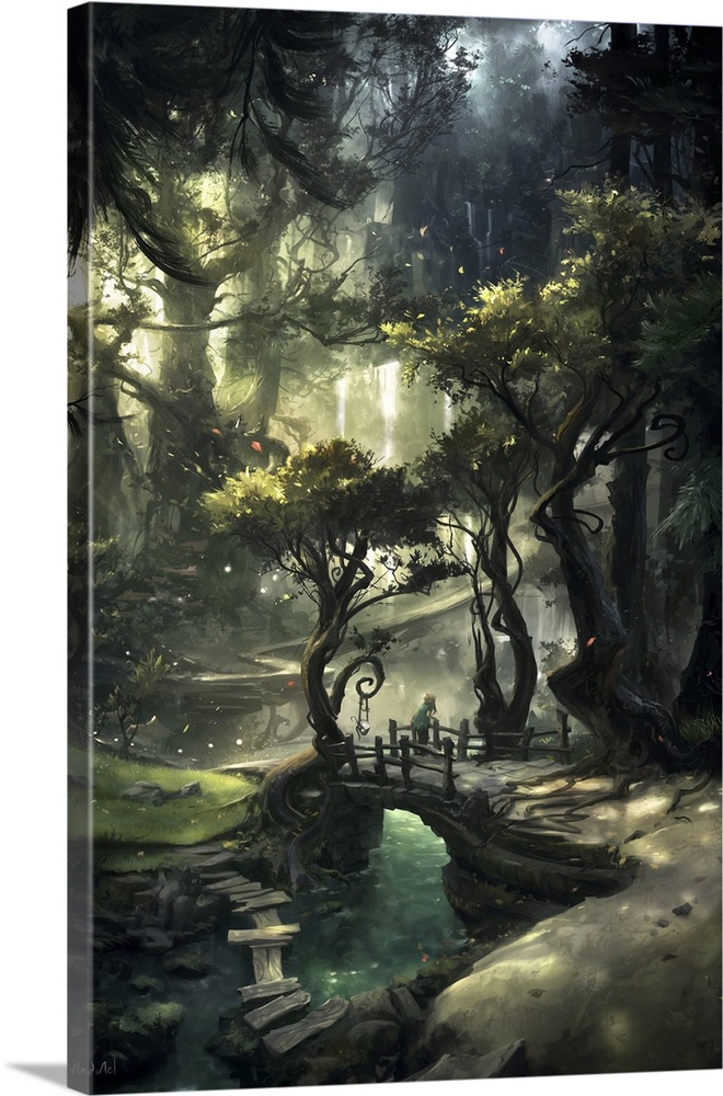 Painting of young girl on bridge in stylized forest landscape.