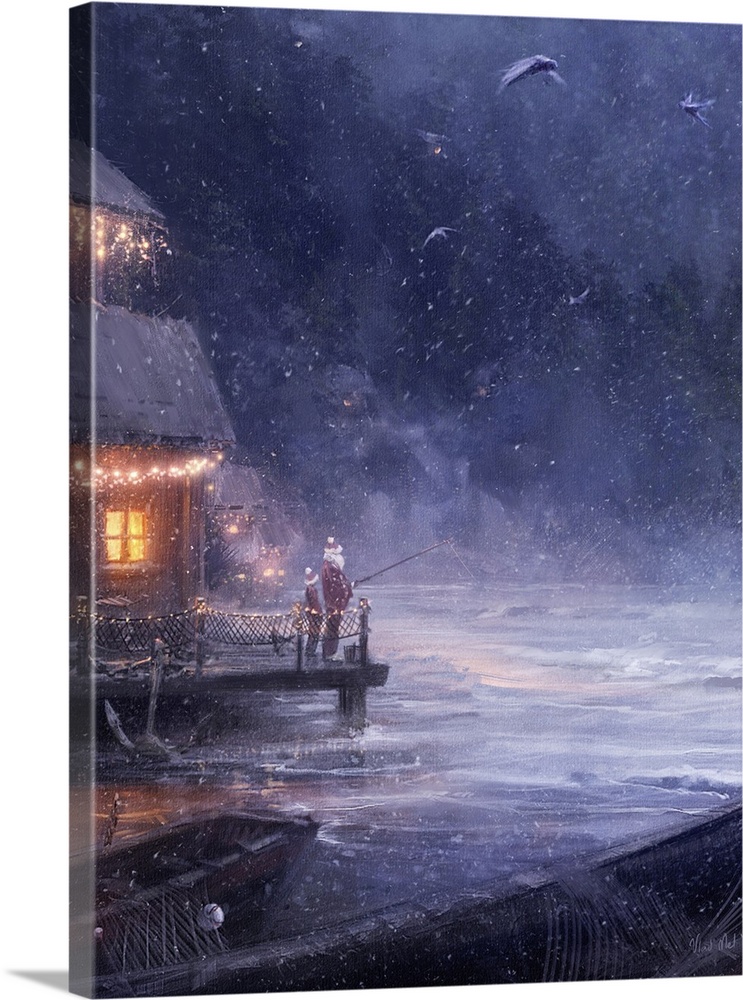 Holiday painting of a coastal oceanside town with fishing santa.
