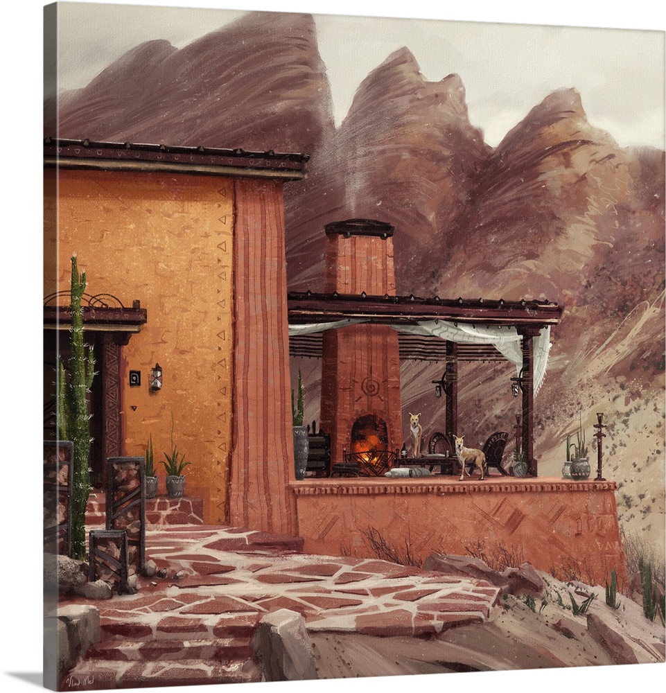 Painting of a house in red desert.