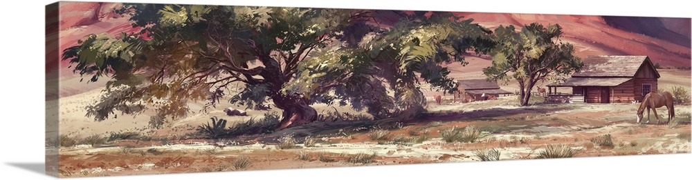 Painting of farms in southwest desert.