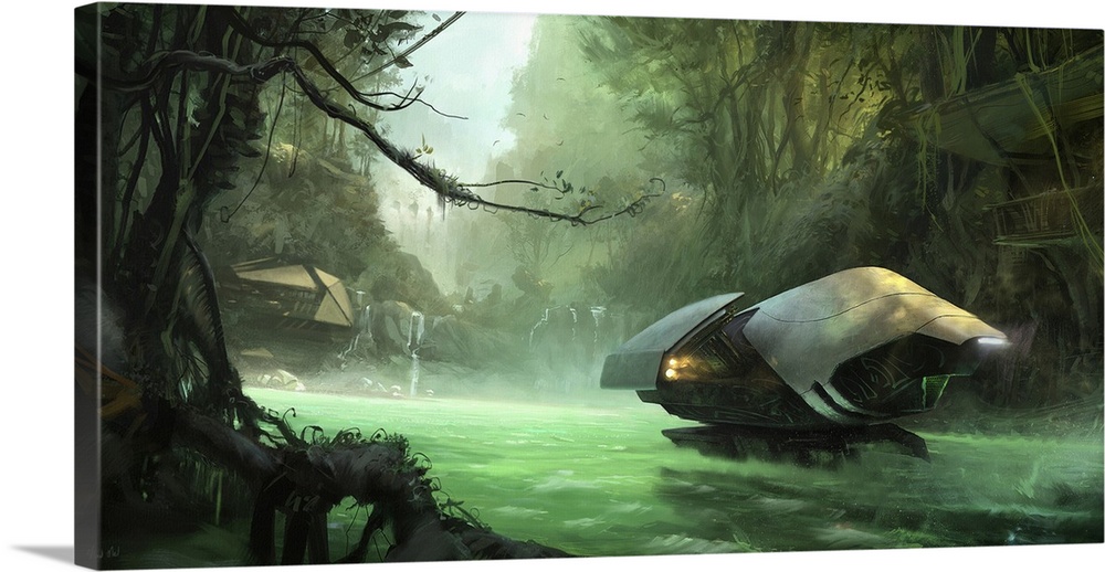 Painting of a sci-fi jungle environment.