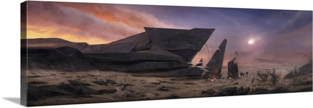 Painting of nomads camping near an abstract structure in the desert.