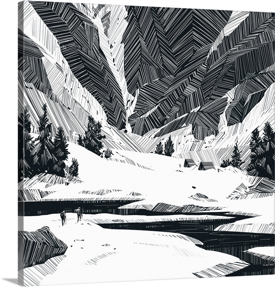 Stylized monochrome sketches of climbers in mountain landscapes.