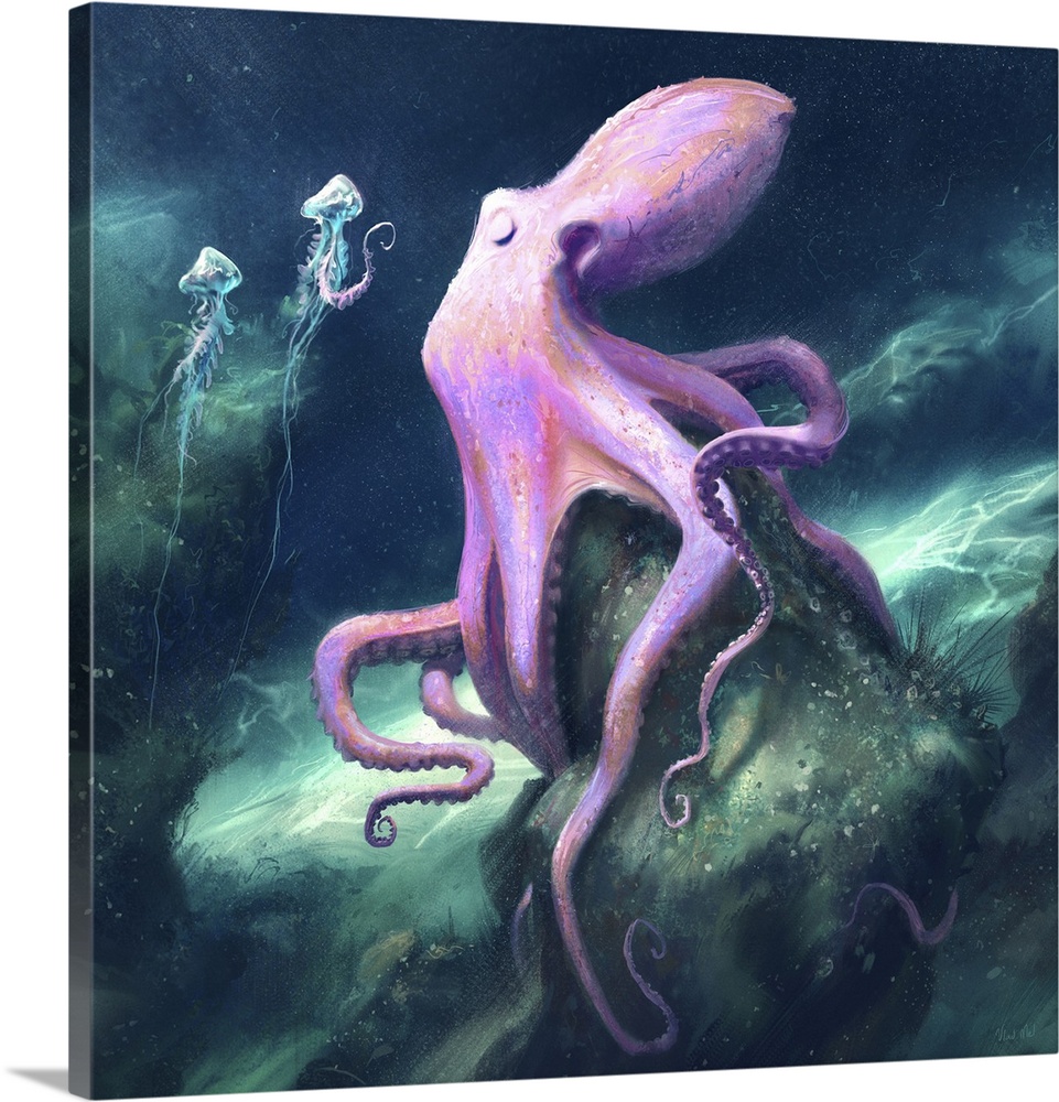Painting of a pink octopus sleeping near jellyfish.