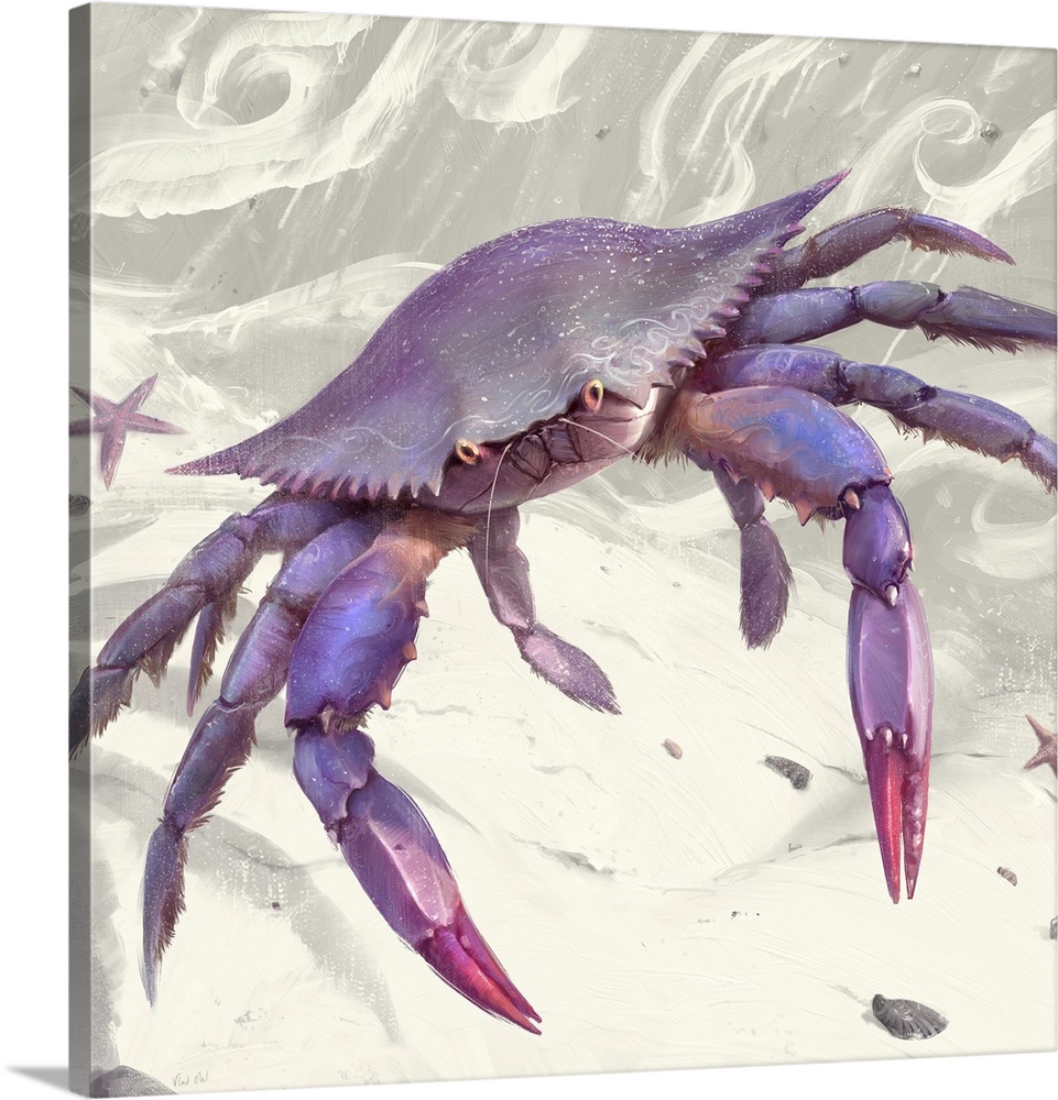 Painting of a purple crab on abstract background.