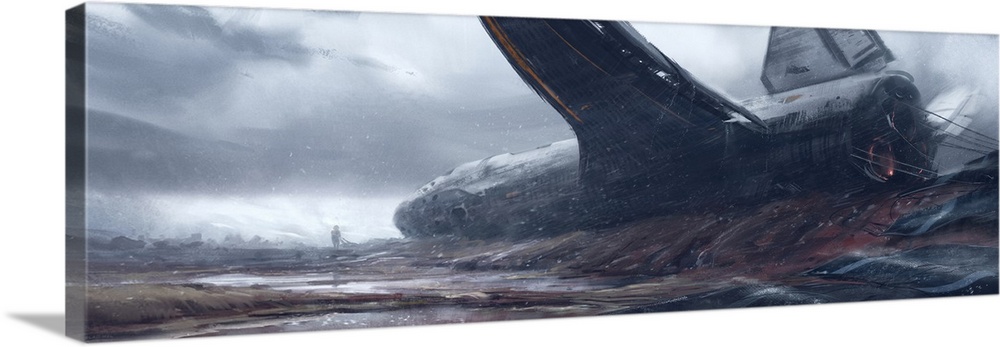 Painting of spaceship and survivors crash landed.