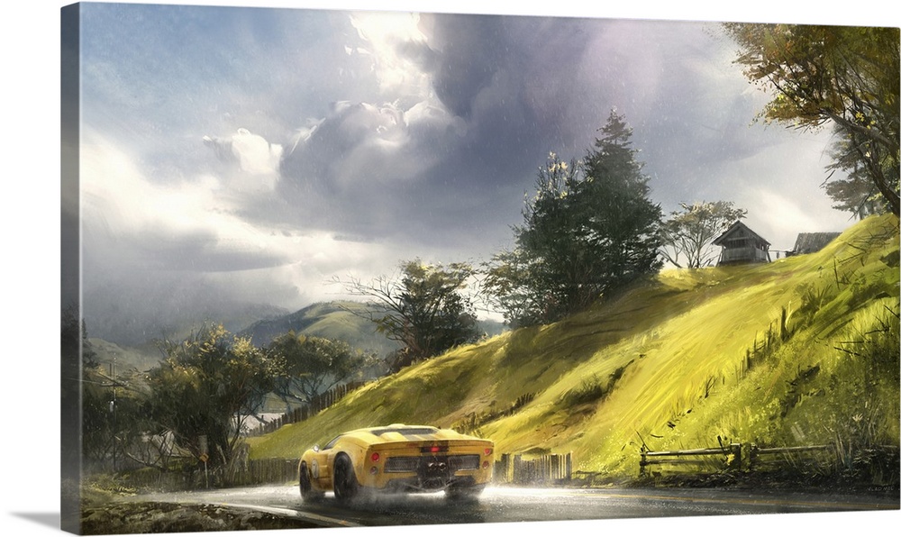 Painting of car road trip through the countryside.