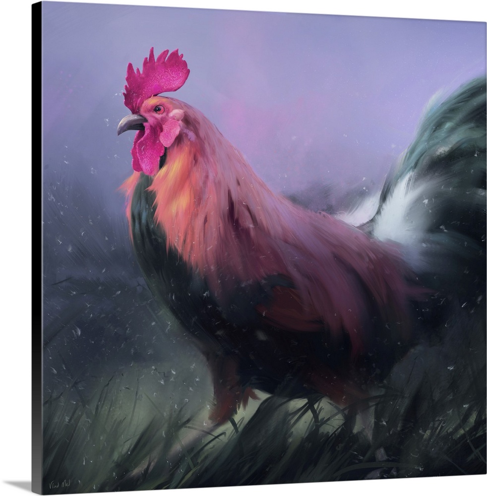 Painting of a colorful rooster at dawn.