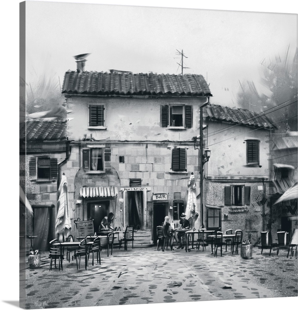 Monochrome painting of a rustic Tuscan bar.