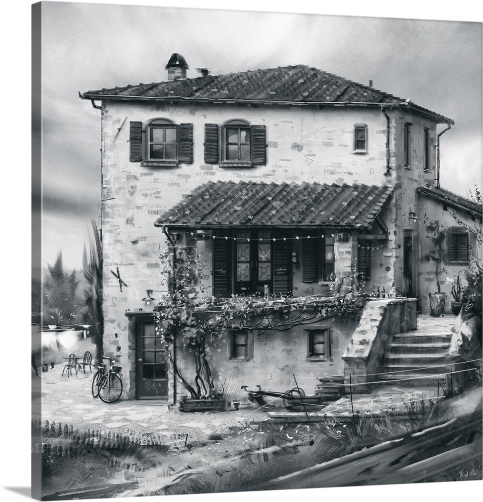 Monochrome painting of a rustic Tuscan farmhouse.