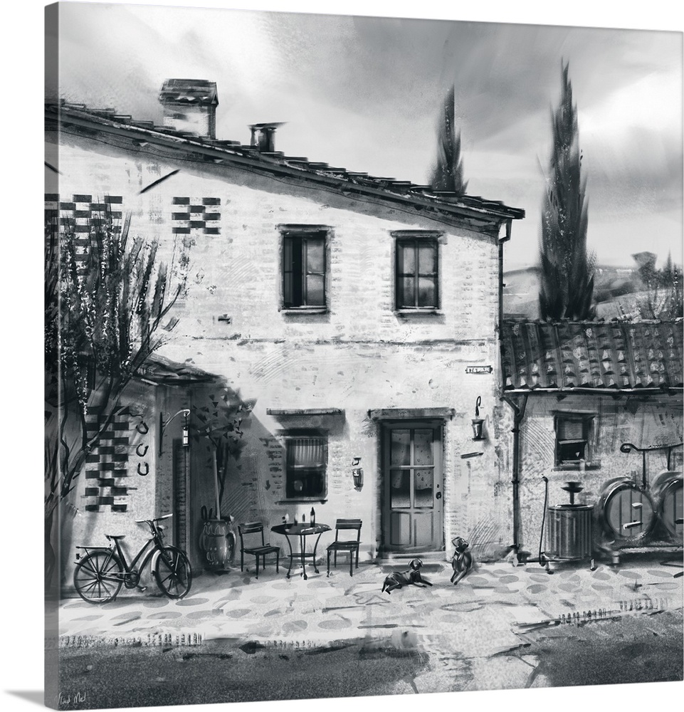 Monochrome painting of old winery structure.