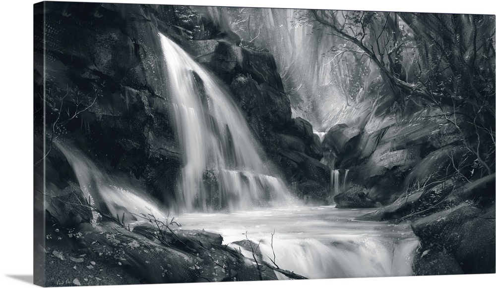 Monochrome painting of waterfall scene in forest.