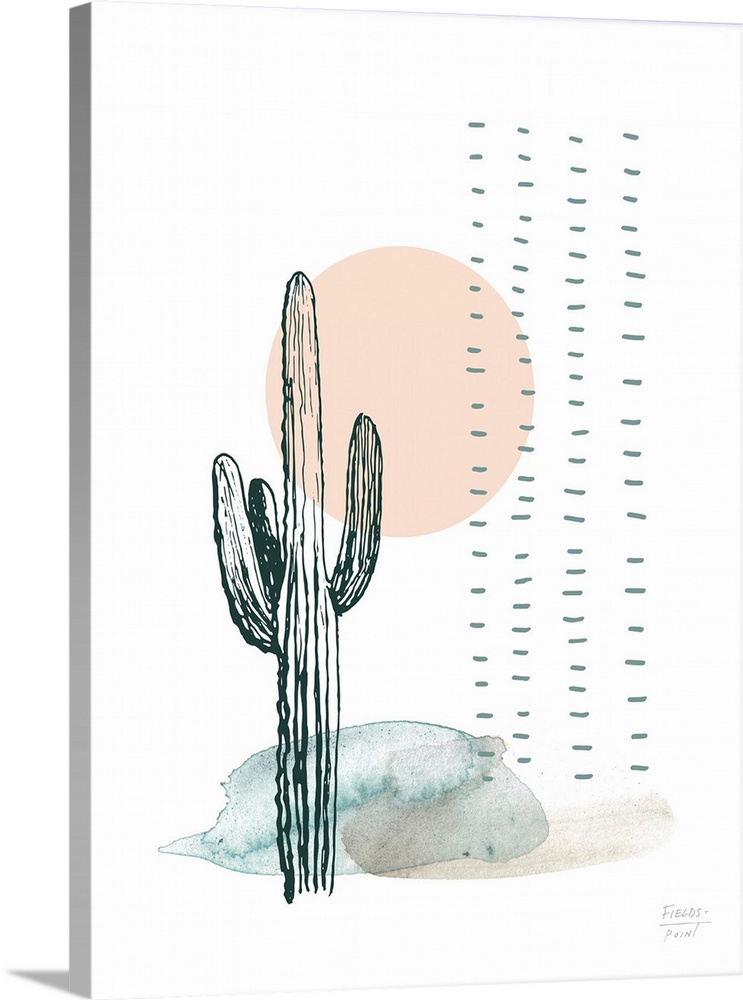 Abstract watercolor and ink painting of a cactus and sunset.