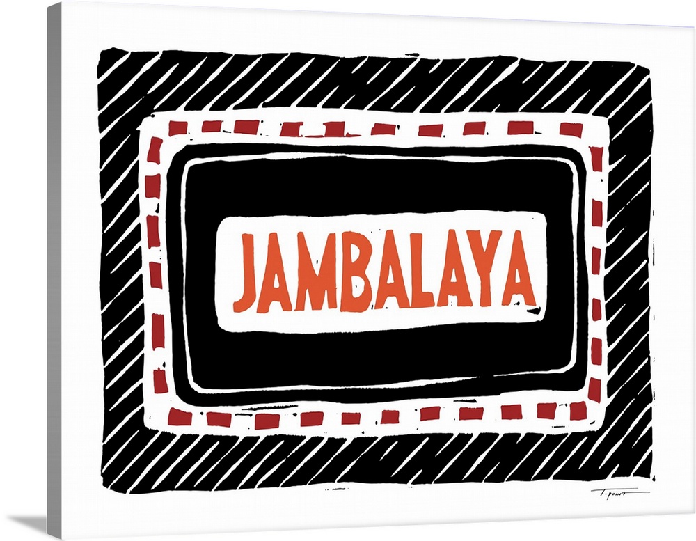 Jambalaya kitchen print in black, orange, and red.