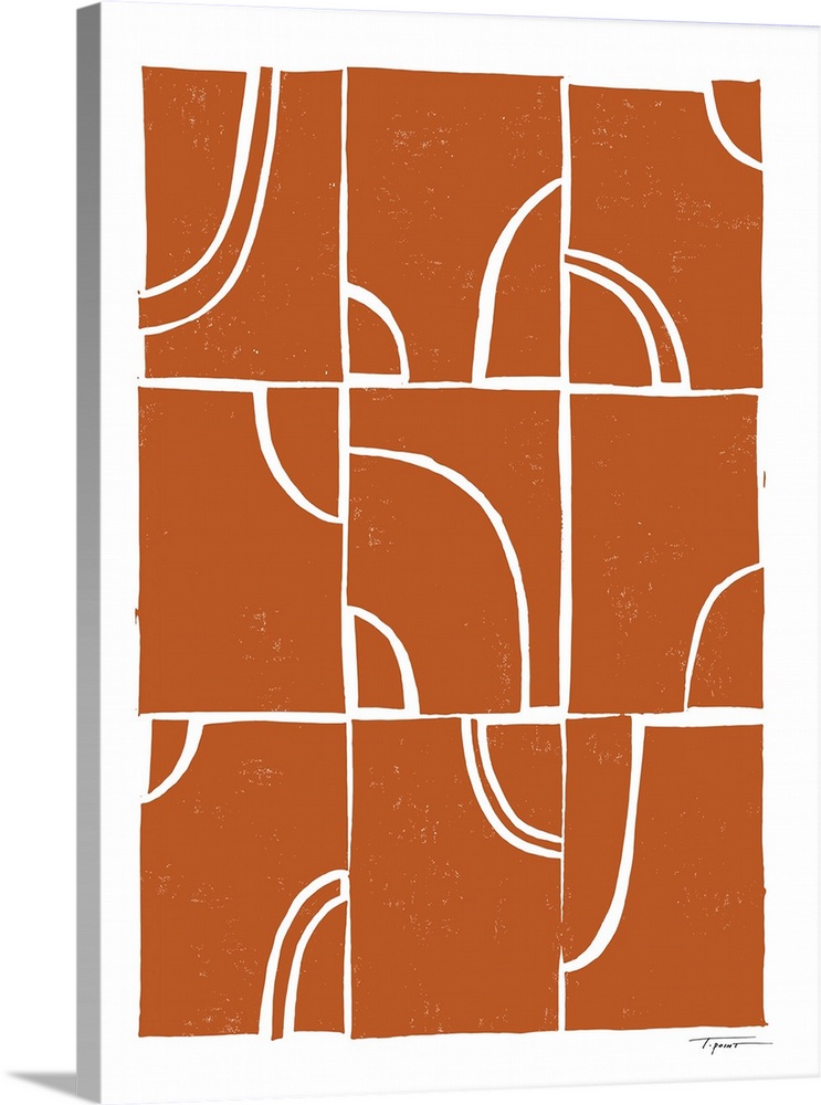 Modern block print shapes with arches in the color burnt orange.