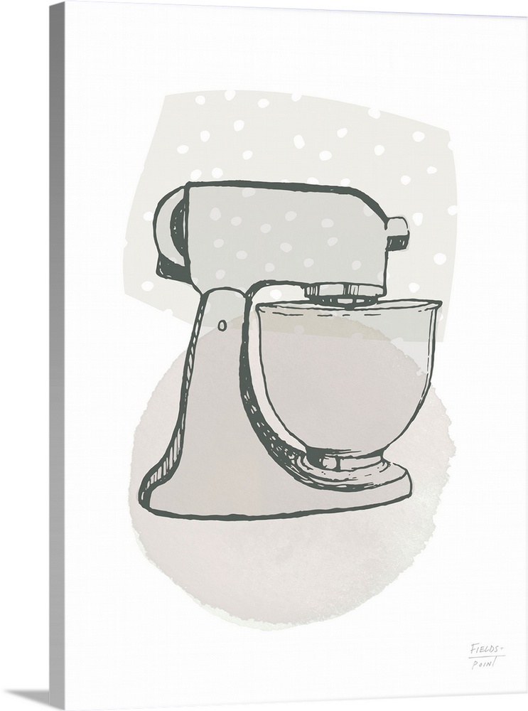 Watercolor kitchen print of a stand mixer and watercolor shapes in the background.