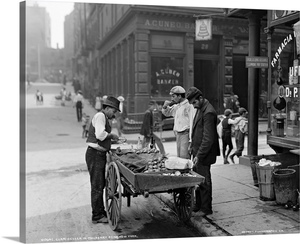 A clam seller on Mulberry Bend in New York City. Photograph, c1900.