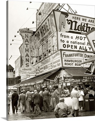 A crowd outside of Nathan's Famous in Coney Island, Brooklyn, 1954