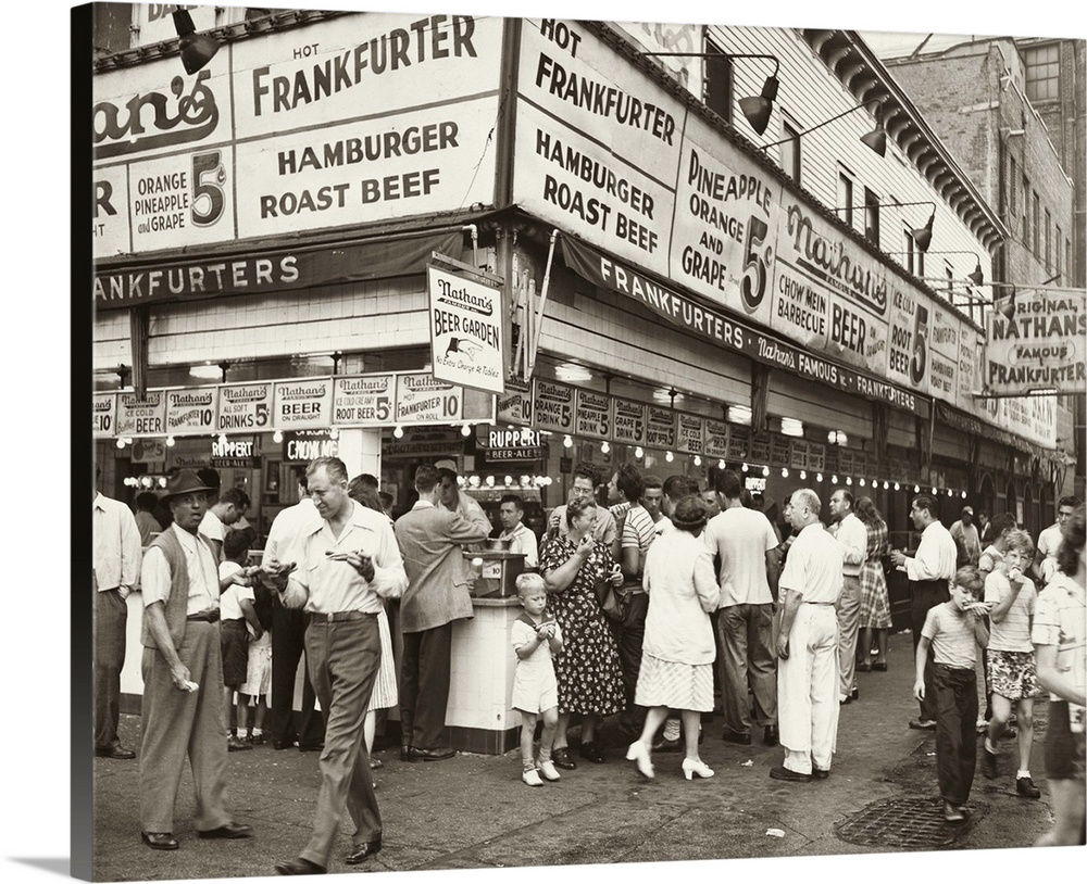 A crowd outside of Nathan's Famous in Coney Island, Brooklyn, New York. Photograph by Al Aumuller, 1947.