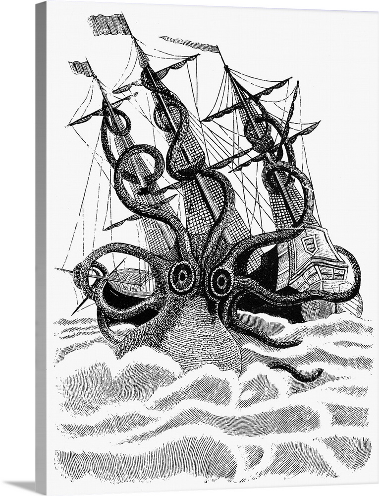 Giant Octopus. A Giant Octopus Attacking A Vessel. Line Engraving, French, After A Picture In the Church Of St. Malo, Fran...