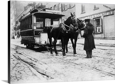 A horse-drawn Chambers Street Ferry streetcar in downtown Manhattan, 1908