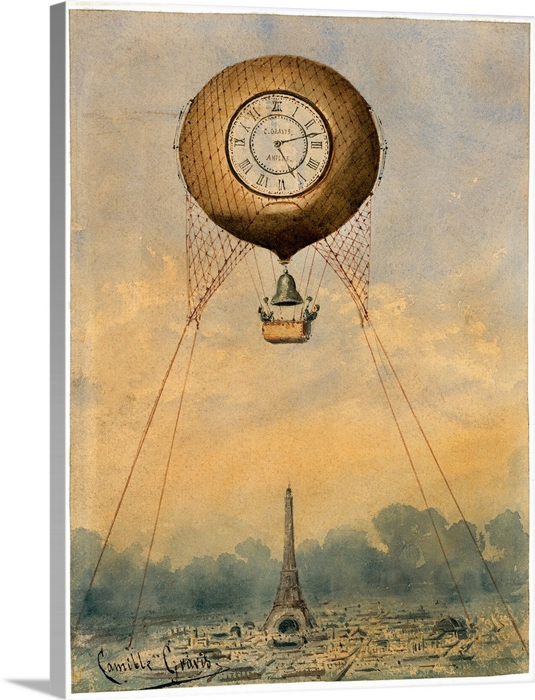 A hot air balloon suspended above the Eiffel Tower in Paris, France. Watercolor by Camille Gr?vis, c1890.