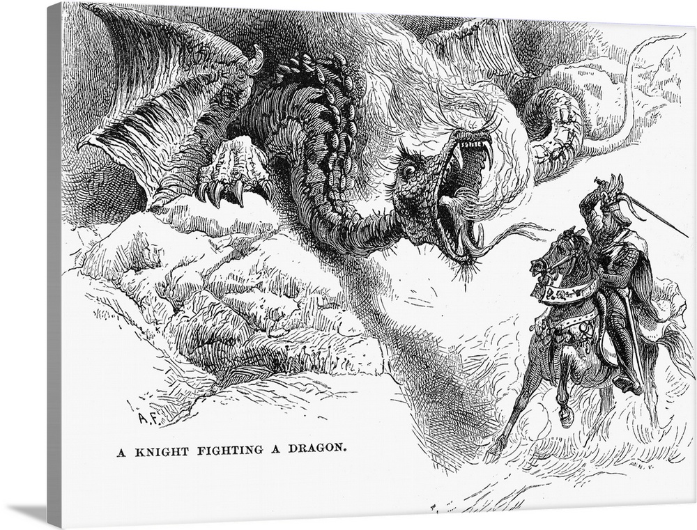 Knight And Dragon. A Knight Errant Fighting A Dragon. Wood Engraving, 19th Century.
