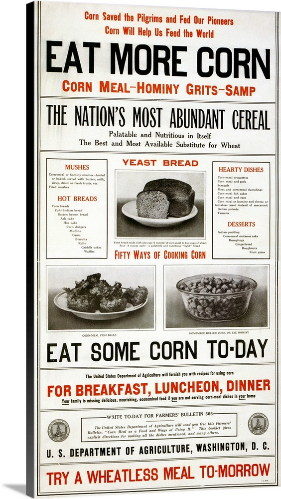 A poster issued by the U.S. Department of Agriculture promoting the use of corn, 1917.