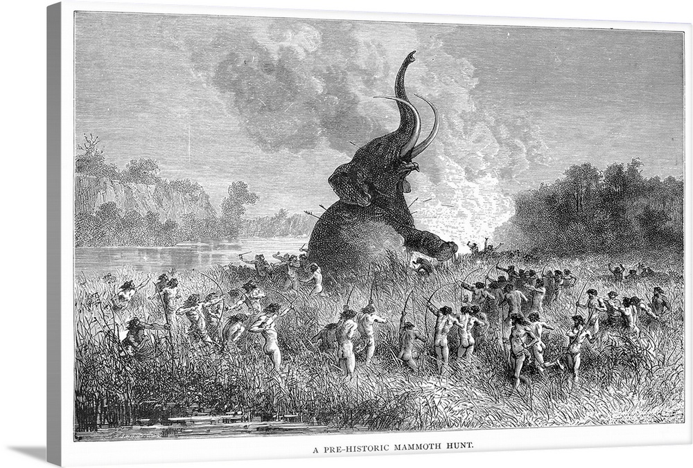 Mammoth Hunt. 'A Prehistoric Mammoth Hunt.' Wood Engraving, Late 19th Century.