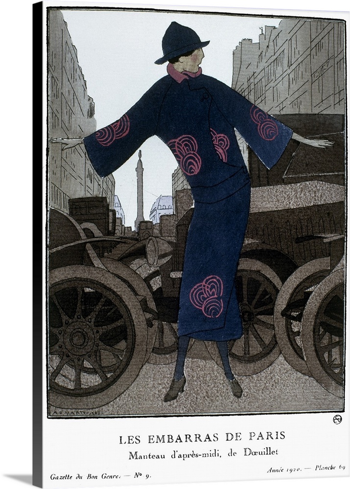 A woman wearing an afternoon coat by Doeuillet, causing traffic jams in the streets of Paris. Fashion plate by Andr? ?doua...
