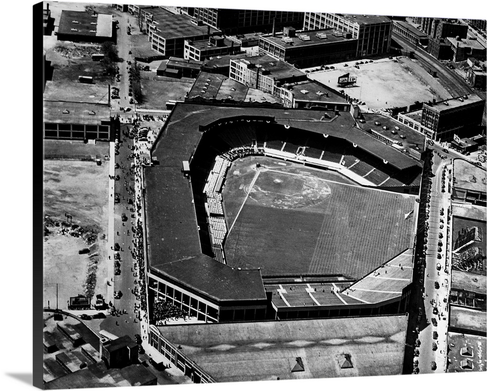 Aerial view of Fenway Park in Boston, Massachusetts, home of the Boston Red Sox. Photographed by Leslie Jones, c1945.