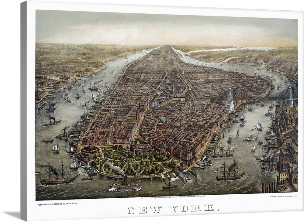 Aerial view of New York City, looking north from Lower Manhattan. Lithograph by George Schlegel, c1873.