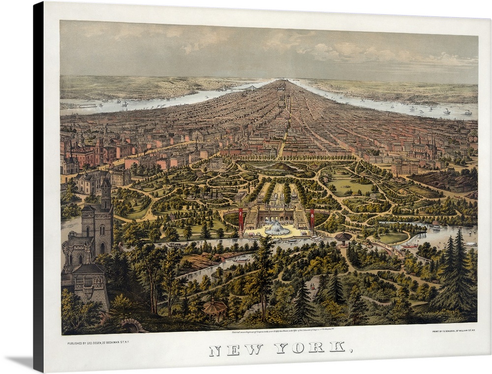 Aerial view of New York City, looking south over Central Park. Lithograph by George Schlegel, c1873.