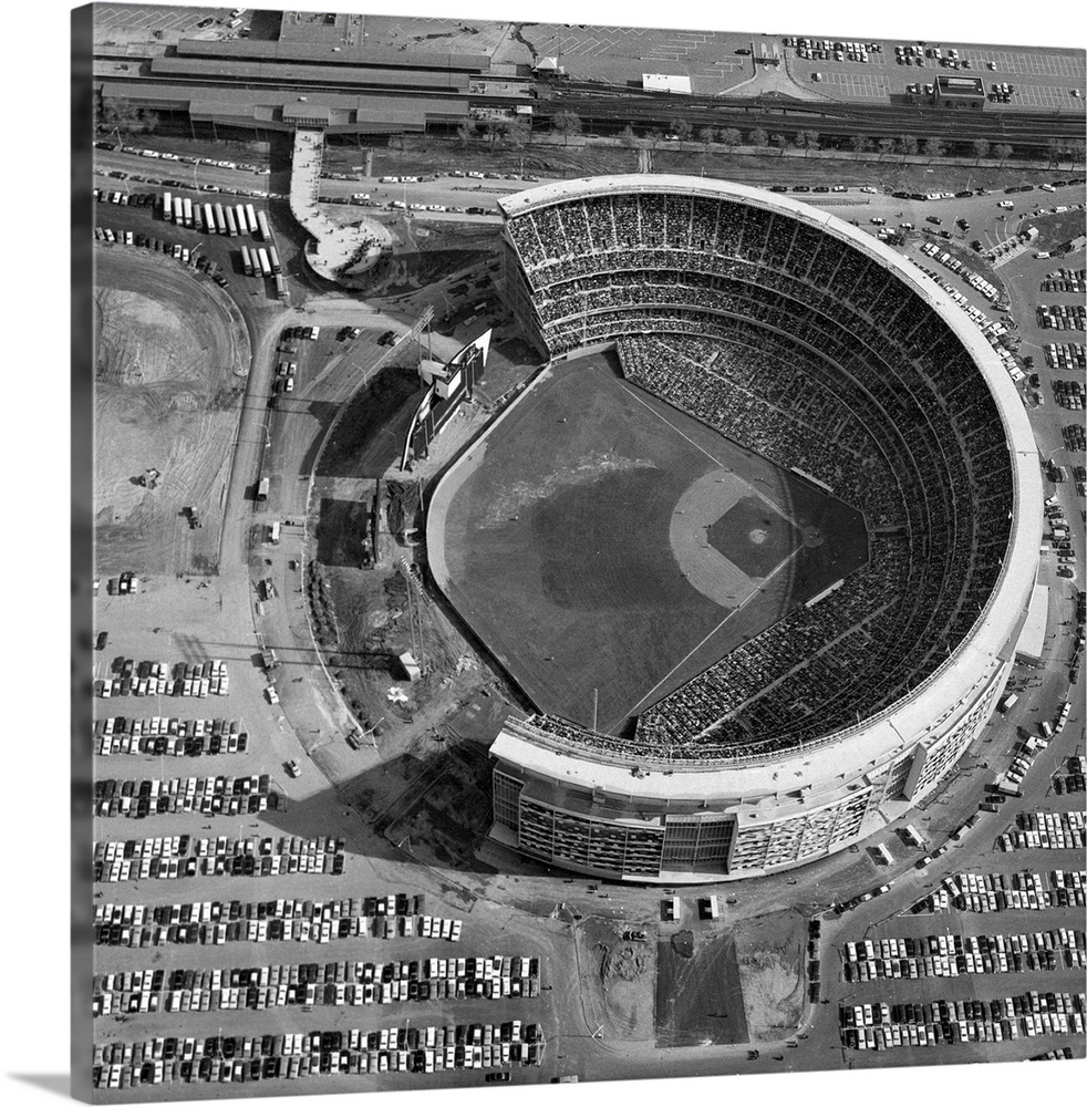 Aerial view of Shea Stadium in Queens, New York. Photograph, c1970.