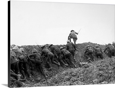 Allied troops 'going over the top,' during the Battle of the Somme, 1916
