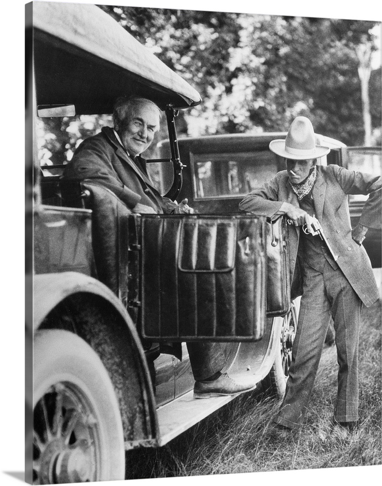 American inventors Thomas Edison (left) and Henry Ford. Photographed on a camping trip, 1923.