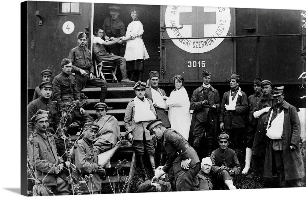American Red Cross workers operating out of a railroad car in Poland during World War I. Photograph, c1918.