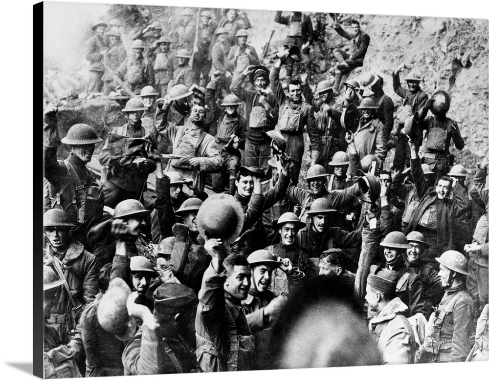 American troops receive news of the armistice agreement ending World War I, November 1918.