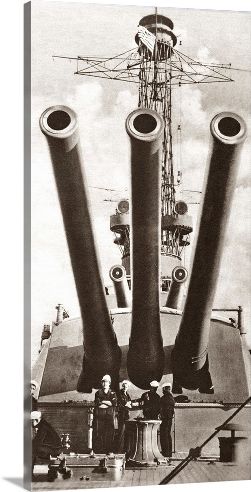 An American dreadnought battleship equipped with five fourteen-inch guns, during World War I. Photograph, c1917.