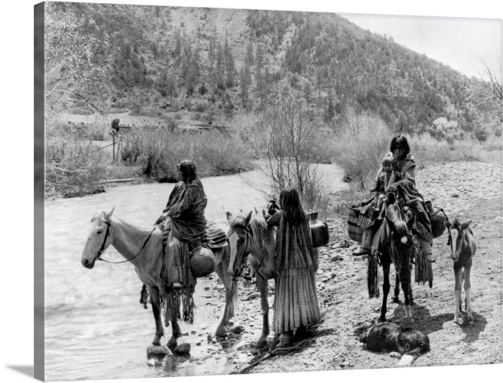 Apache Group, C1906. Group Of Apache Men And Women, One With A Child, With Horses Laden With Water Jugs, Near A Stream. Ph...
