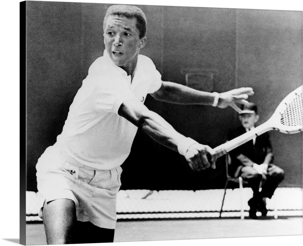 American tennis player. Ashe playing for UCLA in a match against Mike Belkin of the University of Miami, June 1965.