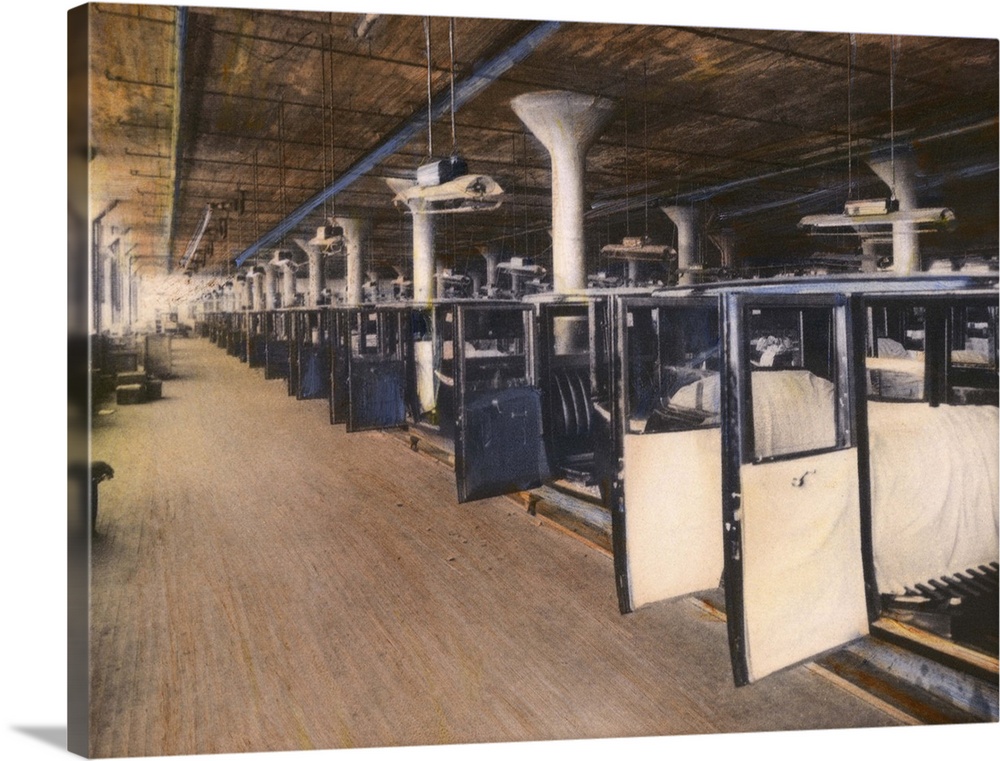 An assembly line of Studebaker bodies. Oil over photograph, c1920.